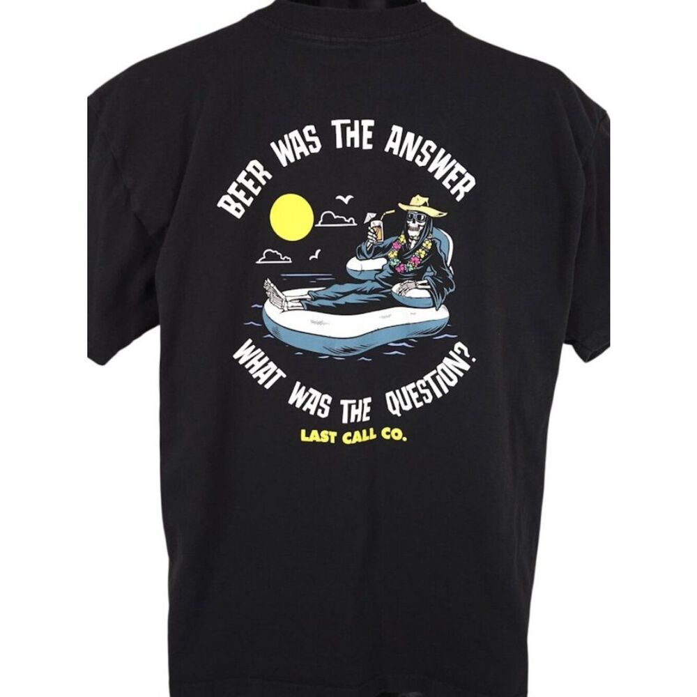 Last Call Co T Shirt Mens Size Large Black Beer Was The Answer Skeleton